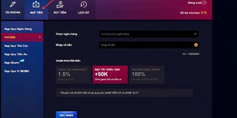 3 phương thức nạp tiền mà hội viên có thể sử dụng để nạp tiền